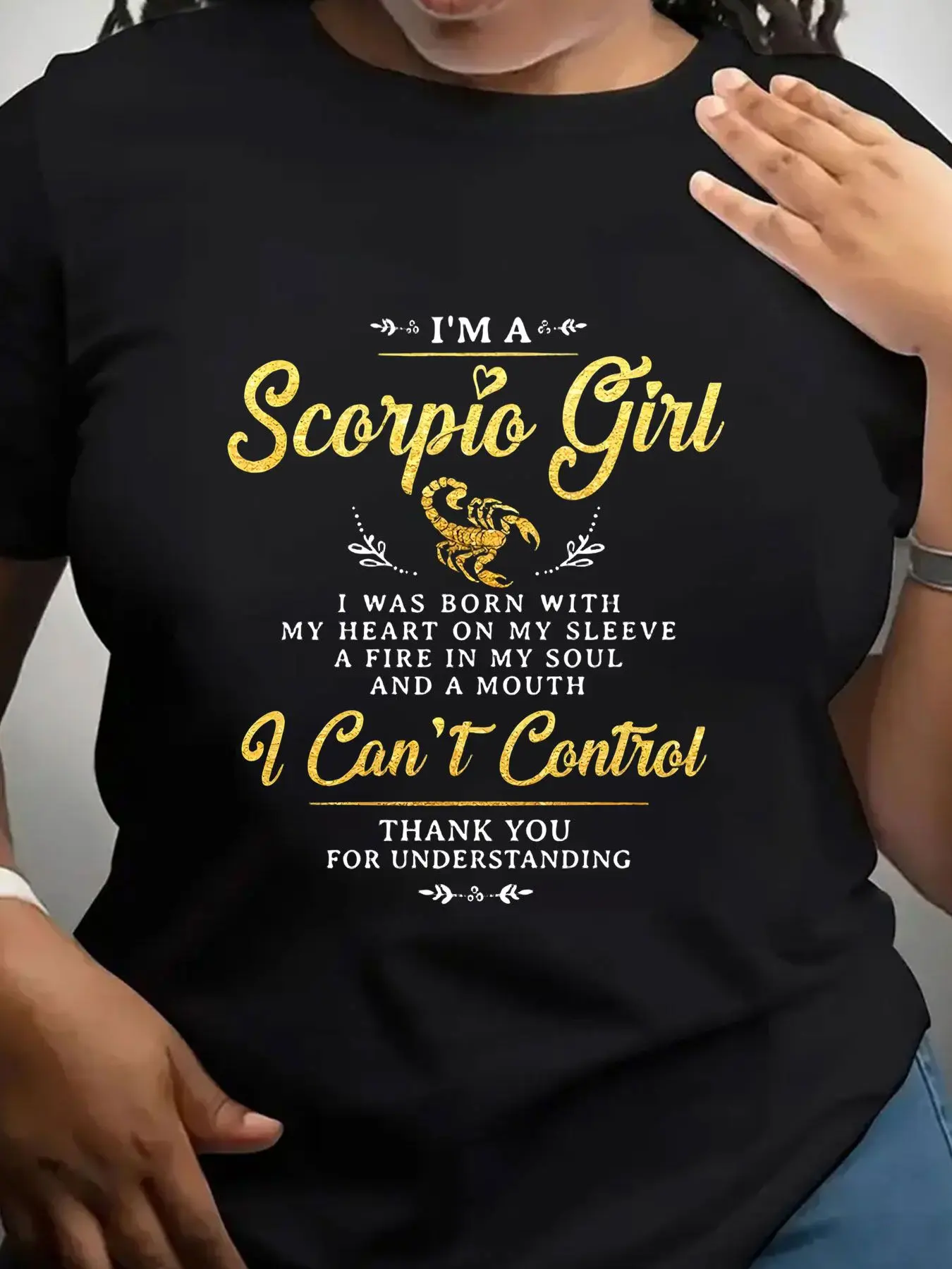 Women's Trendy Crew Neck T-Shirt Scorpio Girl Zodiac Quote Design Suitable for Casual Sportswear