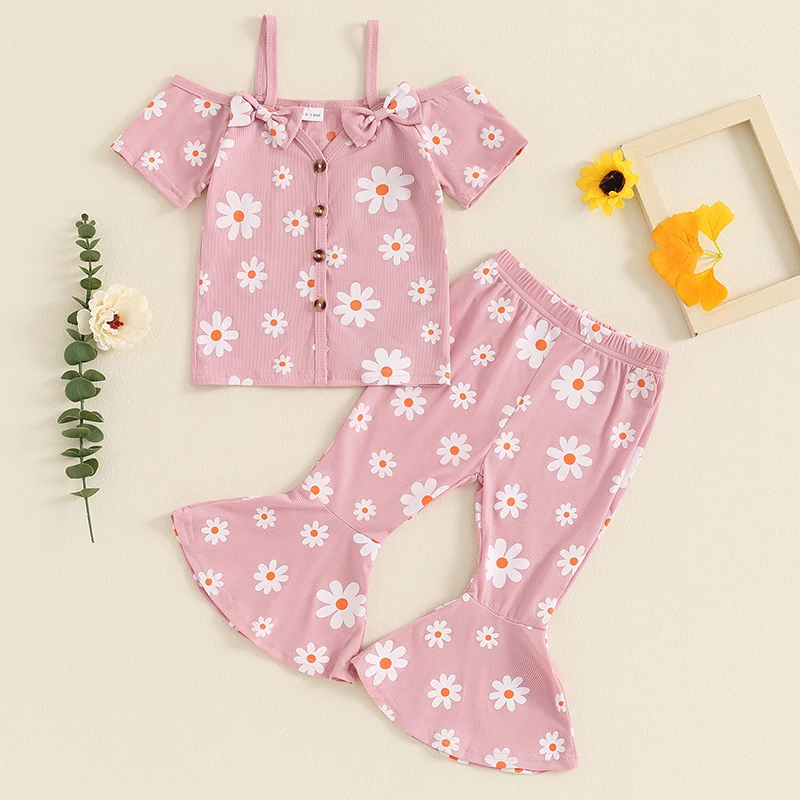 Kids Baby Girl 2Pcs Summer Outfits Off Shoulder Floral Print Tops + Flare Pants Set Toddler Clothes image 2