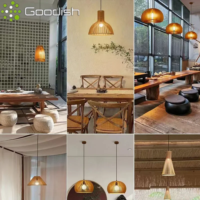 

Japanese Rattan Wicker Pendant Lights LED Wooden Hanging Lamp for Living Dining Room Restaurant Hotel Home Decoration Chandelier