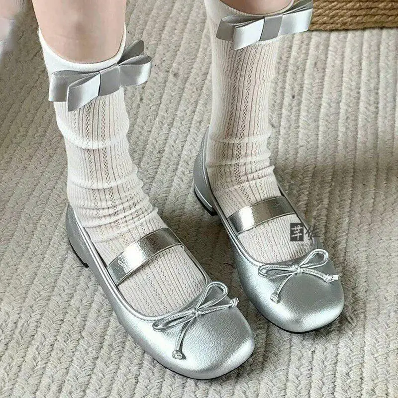 Sweet  Knot Short Cotton Mesh Leggings Women's New Style Summer Thin Bubble Socks Match Little Leather Shoes