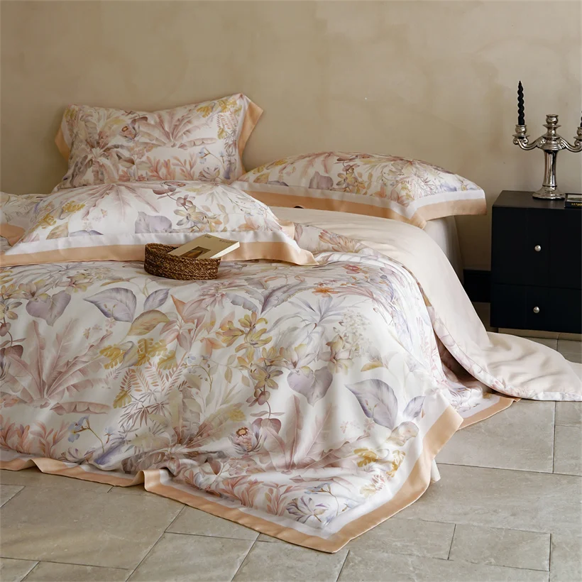 Pure Mulberry Silk Bedding Set Elegant Foral Print Duvet Cover Bed Sheet Smooth Bed Linen Luxury Silk Double Queen King Size
