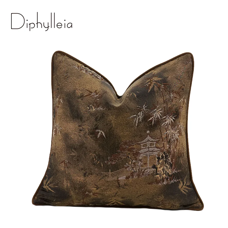 Diphylleia Oriental Modern Abstract Landscape Pagoda Scenic Jacquard Throw Pillow Cover Luxury Handcrafted Cushion Case 45x45cm
