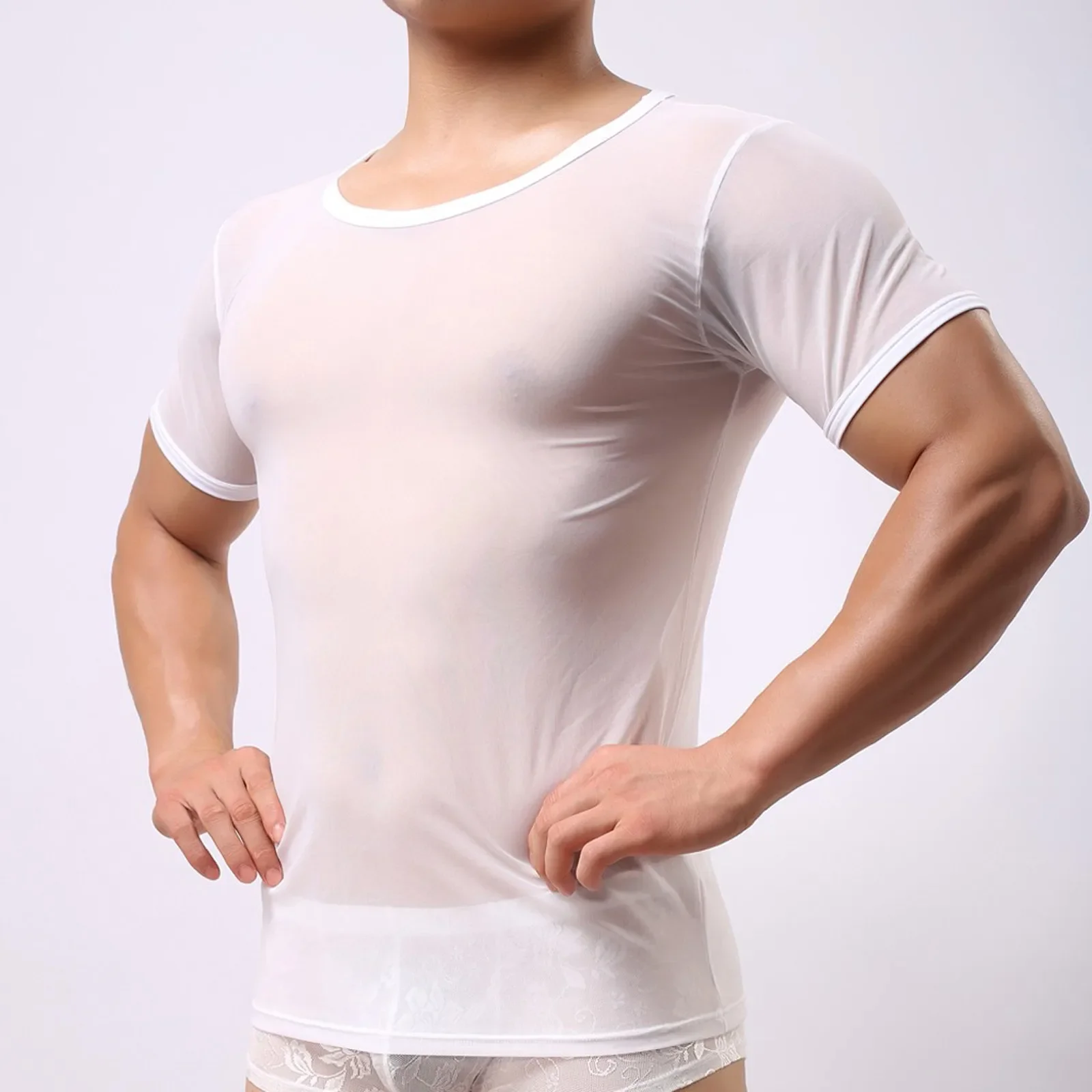 Camiseta transparente de manga larga para hombre, ropa interior Sexy de malla transparente, ajustada, negra/blanca