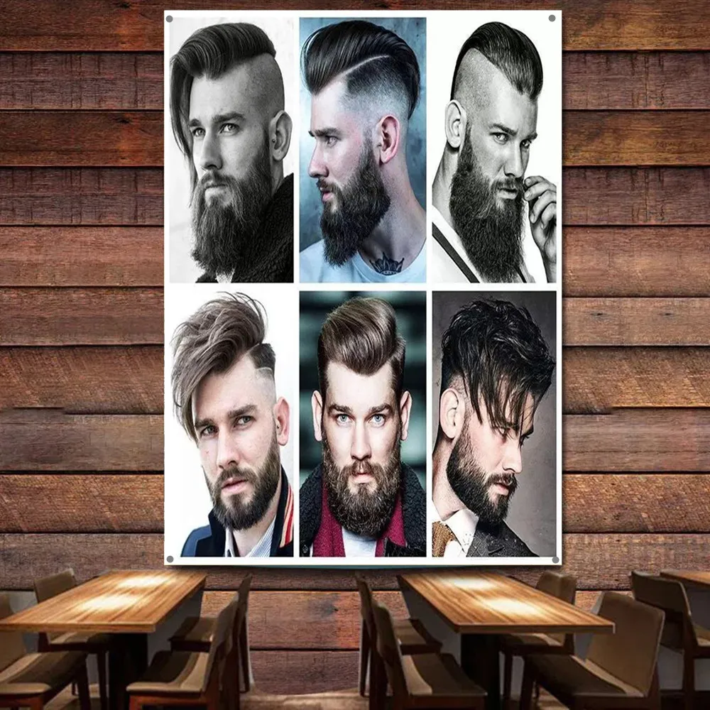 Mens Hair Beard Design Poster Vintage Barber Shop Man Cave Wall Decor Banner Flag with 4 Grommets Hairstyling Poster Wall Charts