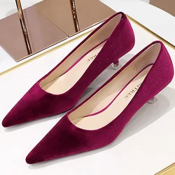 Western Style Fashion Simplicity Party Women Shoes 4.5cm Thin Heels Mid-heels Shallow Pointed Toe Flock Ladies Shoes Wine Red