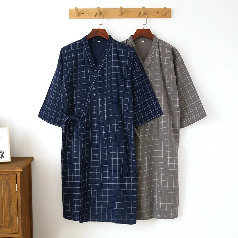 Men's Japanese Kimono Cotton Plaid Robe Male Loose Casual Nightgown Medium Length Intimate Lingerie Bathrobe Spring Home Clothes