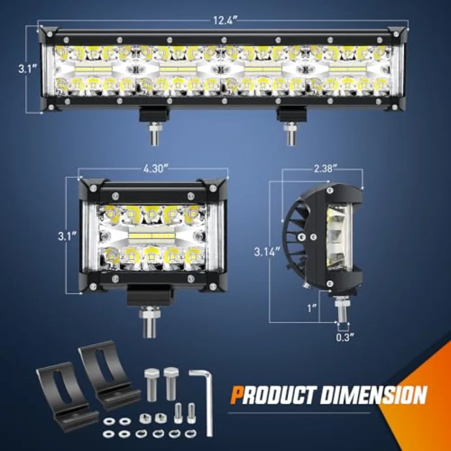 Side Shooter LED Set 12 Inch Triple Row Spot Flood Combo s 2PCS 4.3Inch Pods with 5Pin Rocker Switch Wiring Harness Kit for Off