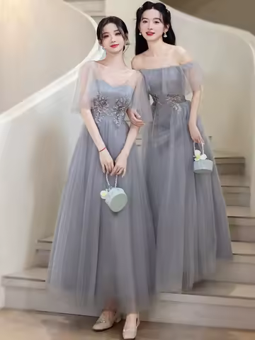 Women's Bridesmaid Dress Temperament Appliques V-Neck Evening Dresses 2026 Summer New Slimming Tulle Performance Gowns