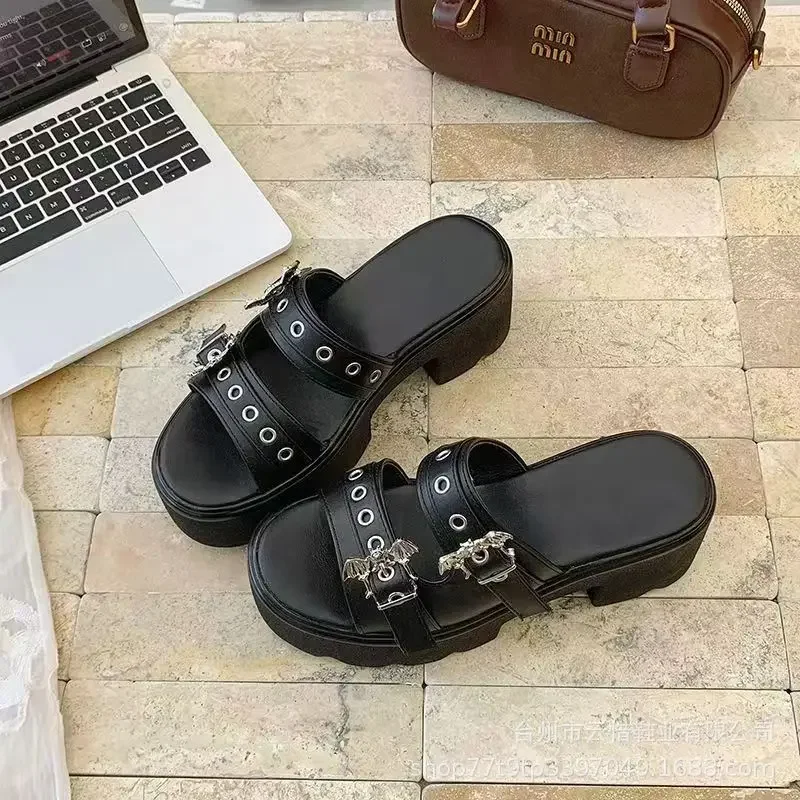 

Metal Decoration Women's Sandals Designer Summer Slippers Buckles Vampire Cosplay Platform Black Gothic Shoes for Women Slippers