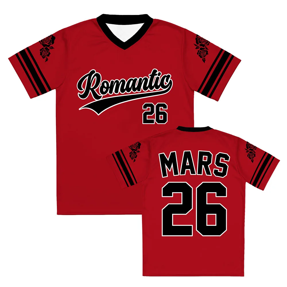 Red V Neck Baseball Jersey Unisex Romantic Rose MARS 26 Number Print, Retro Couple Sportswear, Breathable Casual Street Top