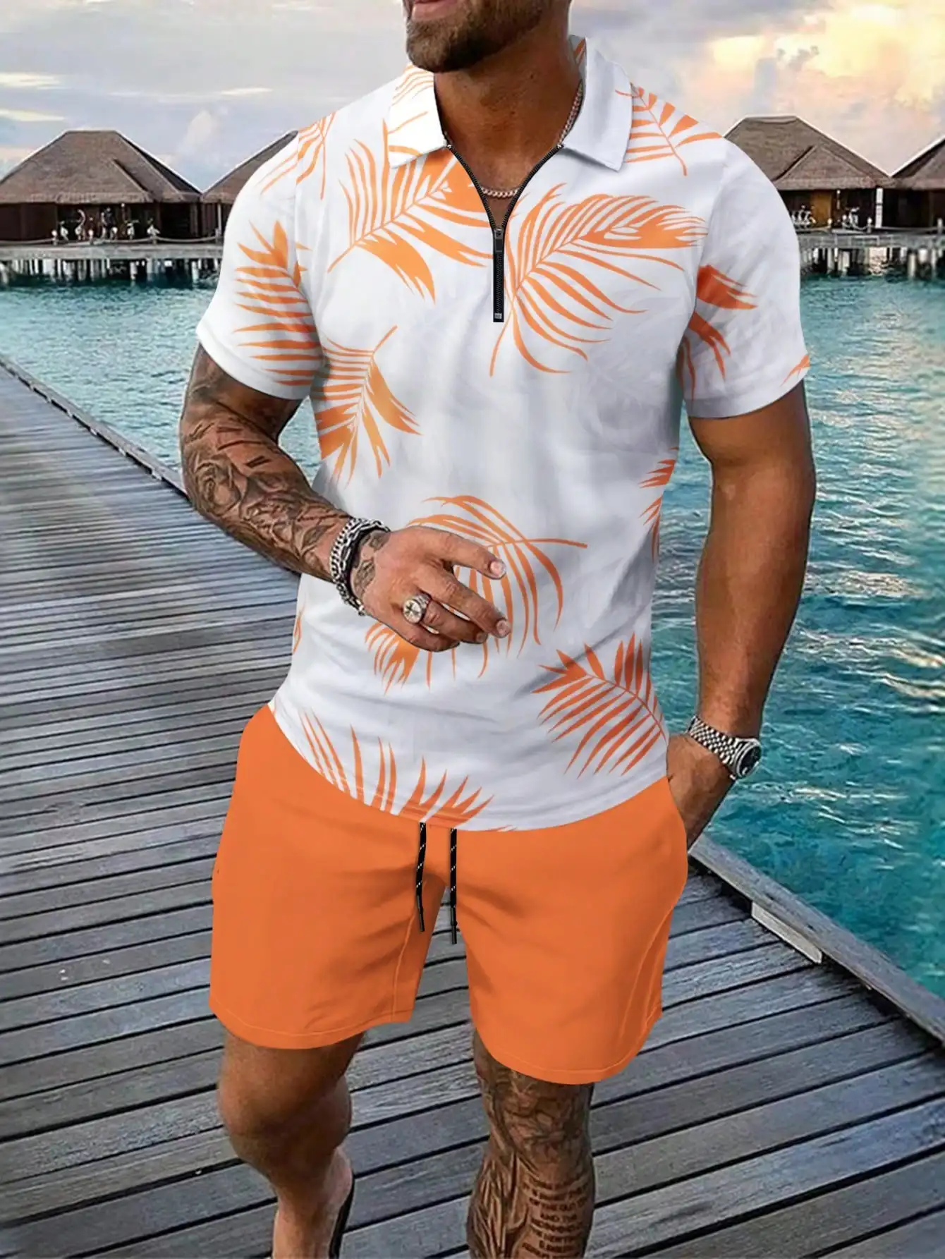 

Men's White Orange Palm Leaf Print Zip-Neck Polo Shirt & Shorts Set