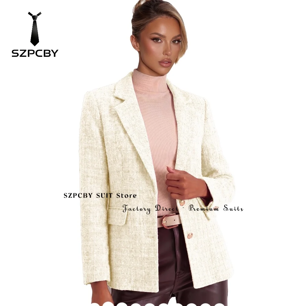 Women's Tweed Blazer Slim Fit Retro Single Breasted Female Suit Jacket with Sleeves Beige Blazers for Woman Autumn Customized
