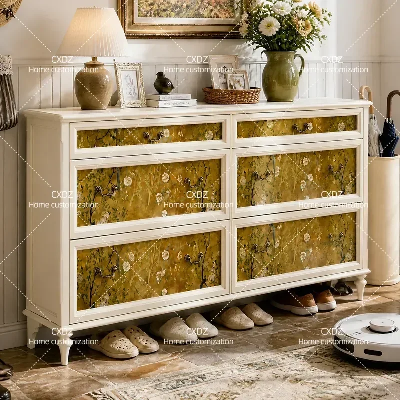 American Style Pure Solid Wood Shoe Cabinet 1.2m 1.4m Tipping Bucket Entrance Storage Cabinet Retro Painted Large Capacity