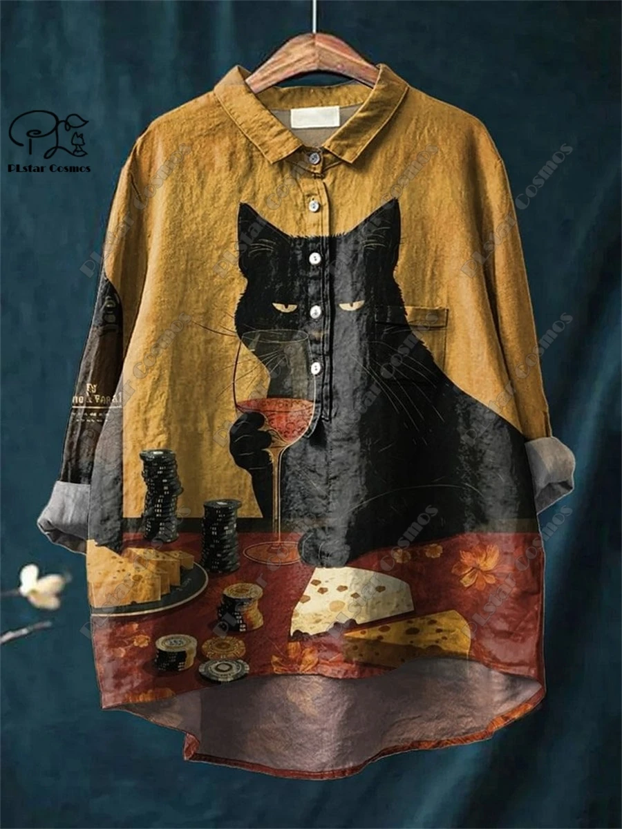 PLSTAR COSMOS new 3D printed retro and cute floral animal printing ladies entertaining leisure and loose open -tube shirt D-24