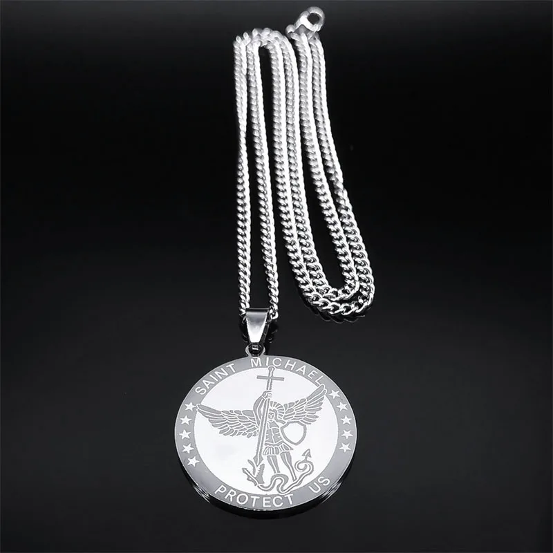 Saint Michael Protect Us Pendant Necklace for Women Men Stainless Steel Round Archangel Long Necklaces Hip Hop Jewelry N2350S05