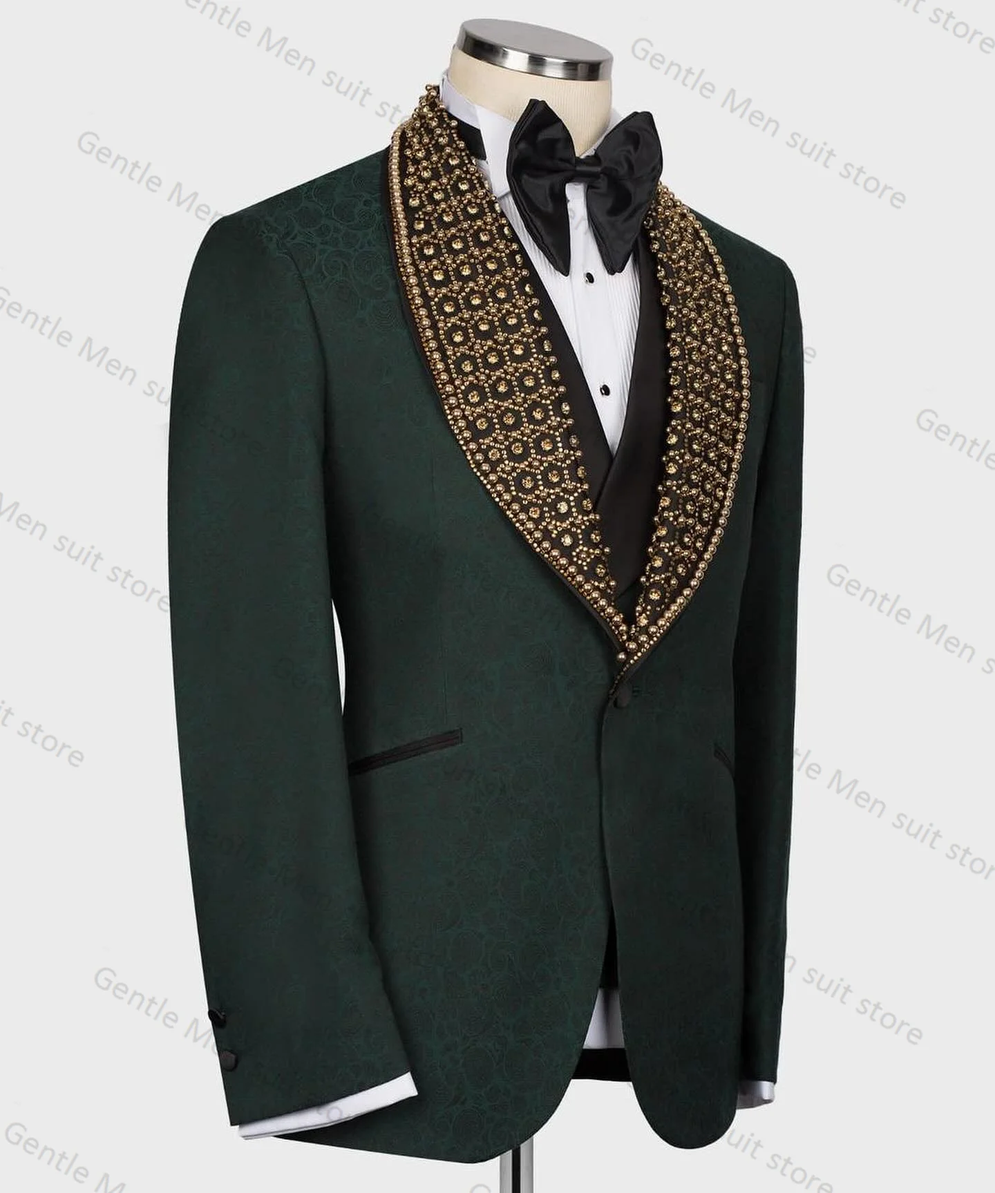 Green Printed Men Suits Set 2 Piece Crystal Blazer+Black Pants Italian Design Custom Made Jacket Groom Wedding Tuxedo Coat