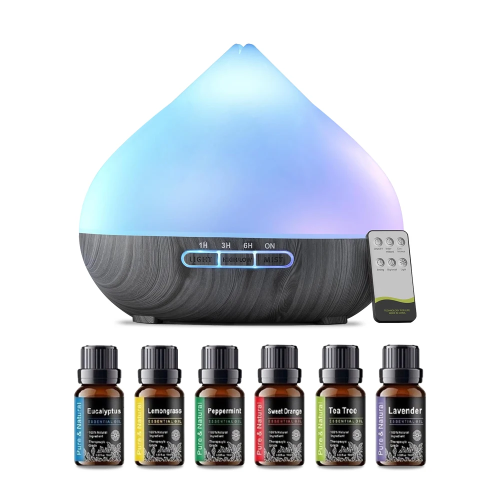 

500ml aromatherapy essential oil diffuser remote control ultrasonic air humidifier multicolor LED light with 6 oils