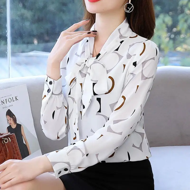 Spring Autumn Korean Print Chiffon Office Lady Shirt Fashion Design Tie Lantern Sleeve Bow Top Women Aesthetic Female Clothes