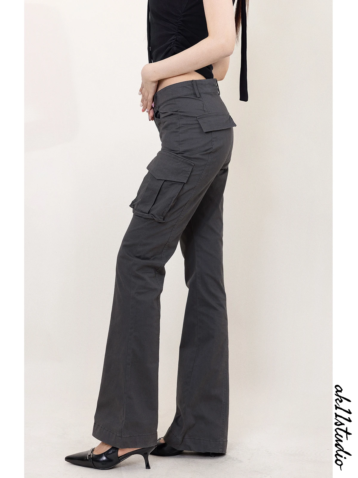 

AKSTUDIO Spring Summer Women's Retro American Sle High Waist Long Pants Multiple kets Wide Leg Casual Trousers