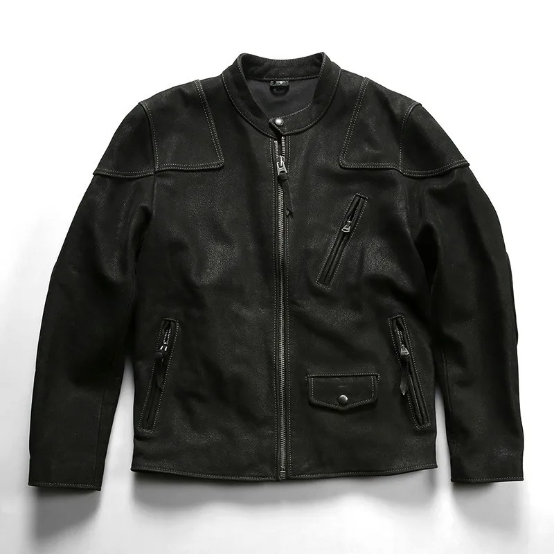 

Men's matte leather with a stand-up collar and multiple pockets