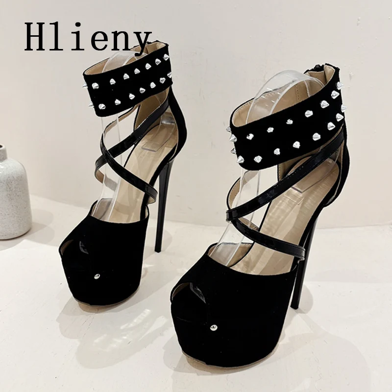 Hlieny Fashion Design Rivet Peep Toe Platform Women Sandals Zip Thin High Heels Party Nightclub Prom Stripper Female Shoes Black