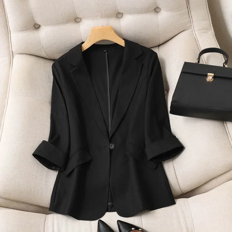 Women Thin Fit Solid Blazer Fall Single Button Loose Notched Suit Jacket Fashion Casual Pockets Straight Formal Office Lady Coat