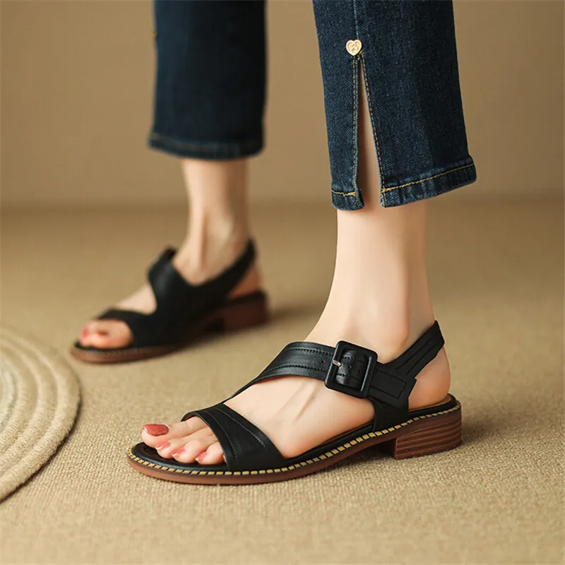 New Genuine Leather Summer Sandals Women Round Toe Shoes Chunky Heel Open Toe Back Strap Sandals for Women Cow Leather Sandals