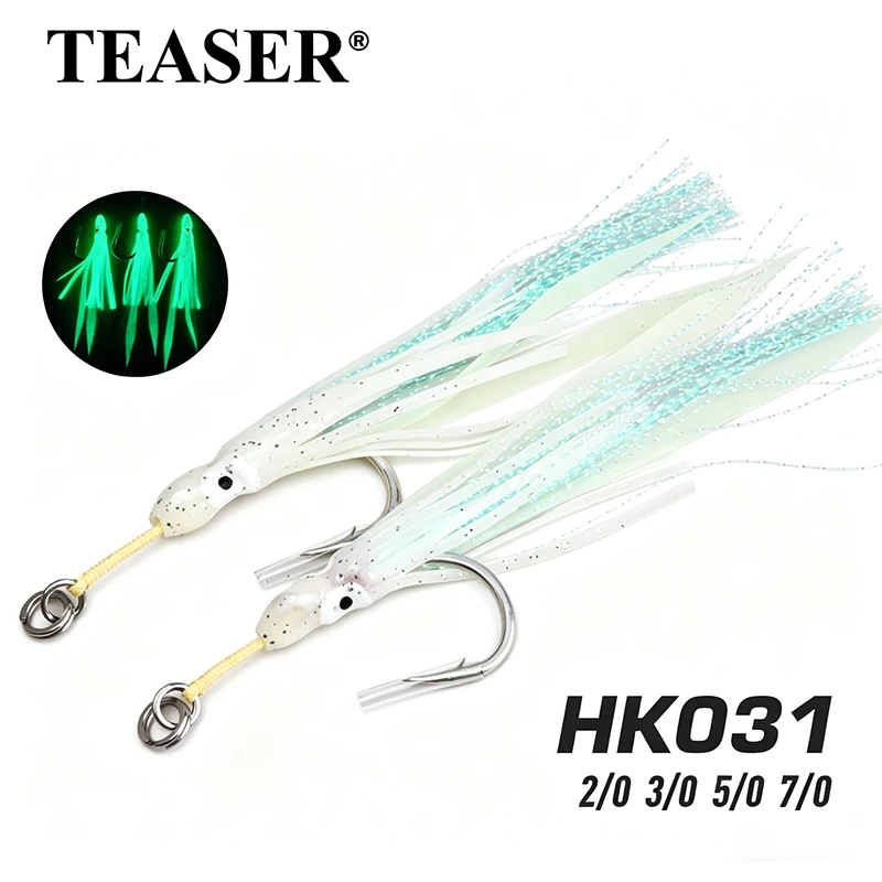 TEASER 3 Stück/Beutel Leuchtender Künstlicher Tintenfisch-Köder mit Haken, Slow-Pitch-Jigging-Haken für Meeres- und Bootsangeln, Kevlar-Schnur