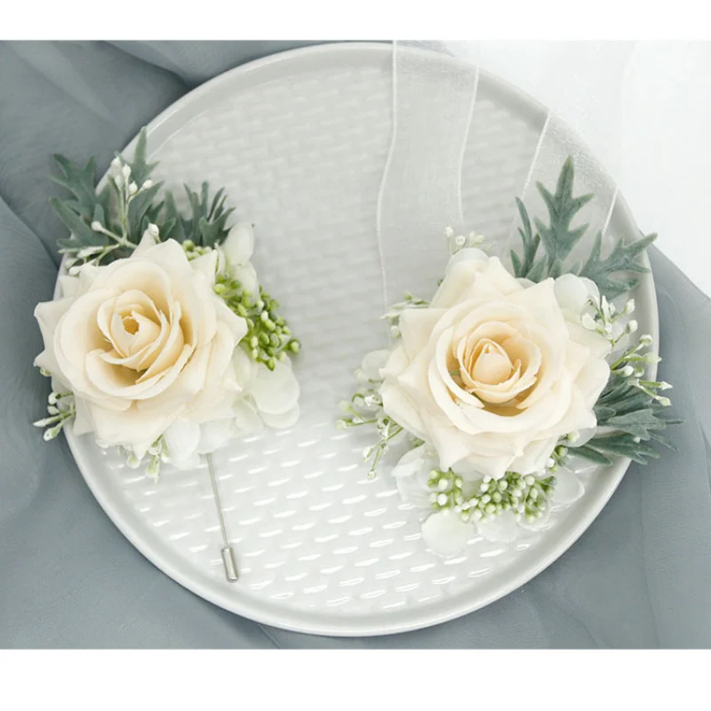 Champagne Rose Artifical Flowers Pins Boutonniere Wrist Corsage temoin mariage düğün aksesuarları