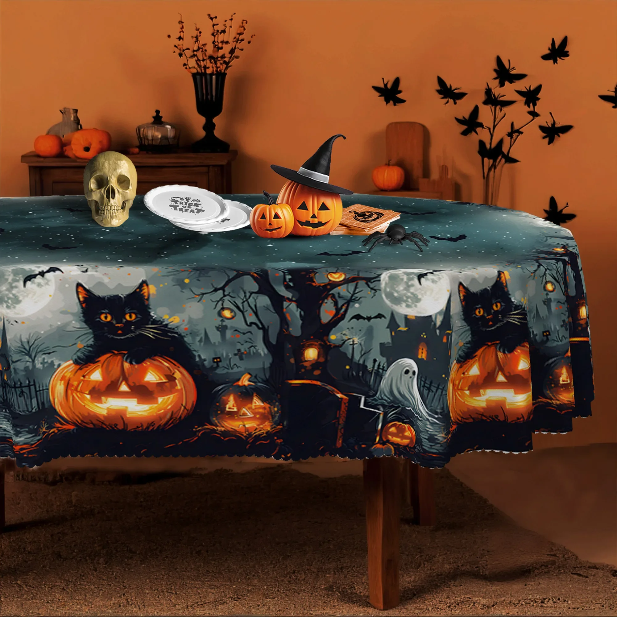 Nappe d'Halloween, motif rétro de chat noir, citrouille et fantôme - décoration parfaite pour Halloween et les occasions liées à ce jour fêté.