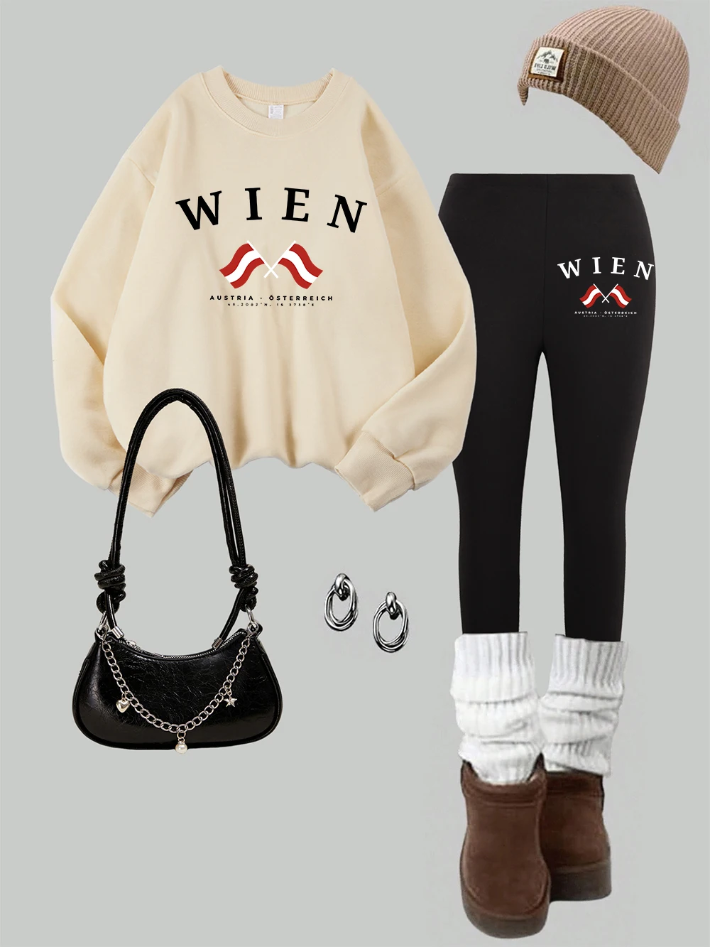 Set Legging Sweter Cetak Bendera Austria Wien Wanita 2 Potong Celana Hoodie Termal Bulu Modis Pakaian Wanita Musim Gugur Musim Dingin