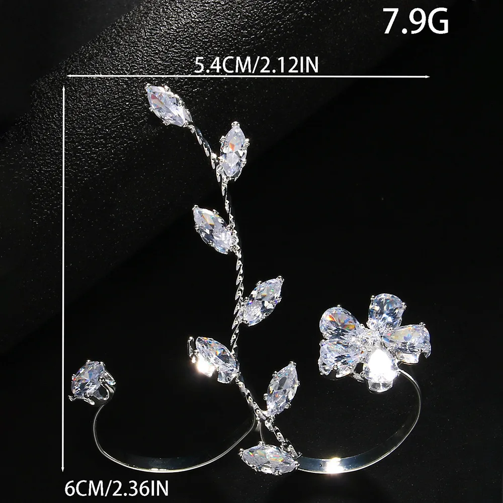 XSBODY Exquisite Leaves Open Rings Two Finger Statement Hand Accessories Dainty Flower Zircon Palm Jewelry for Bridal Wedding