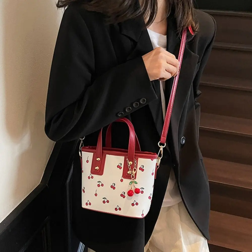 Cherry Pendant Cherry Crossbody Bag Korean Style Large Capacity Bucket Shoulder Bag Storage Bag Handbag Square Tote Bag Outdoor
