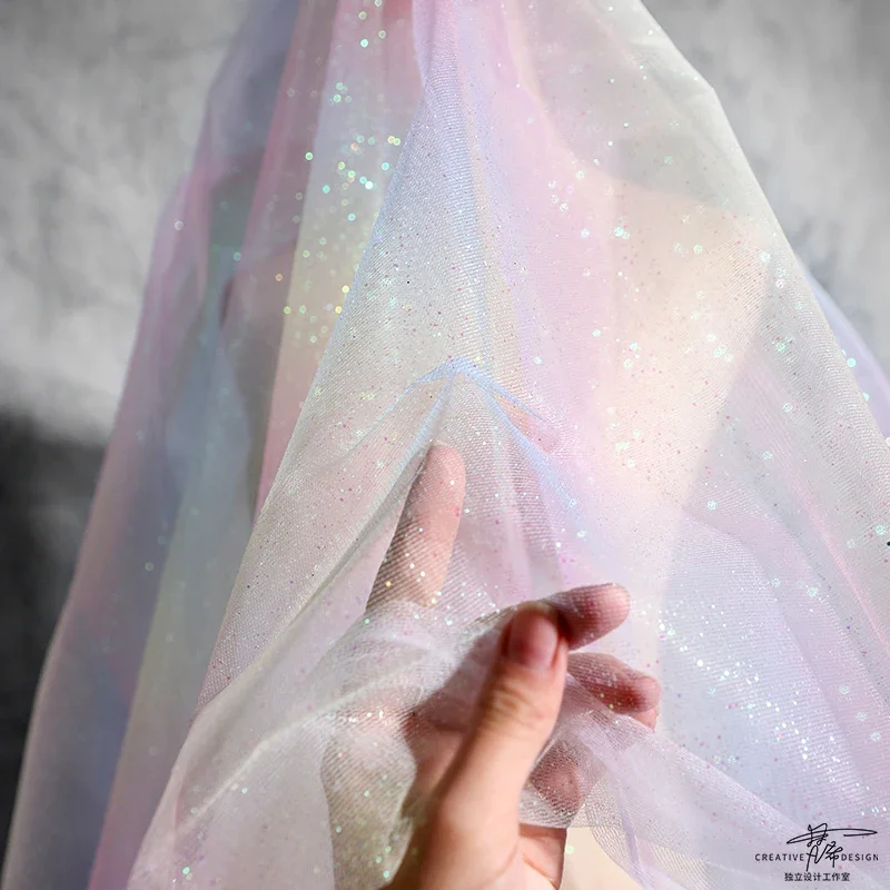 Mesh Fabric Soft Thin Gauze Dreamy Gold Stamping Colorful Sequins Rainbow Gradient Color Wedding Shooting Background Clothing