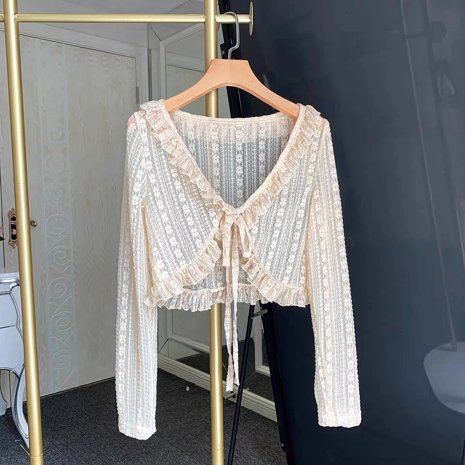 

Summer Short Lace Sun Protection Shirt Women's Outerwear with Strap Shoulder Cover Air Conditioned Cardigan Thin Outer Jacket