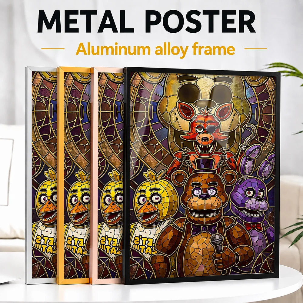 Freddy Animatronics Stained Glass Framed Metal Poster Personalized Photo Ornate Fantasy Style Wall Art For Game Room Player Gift