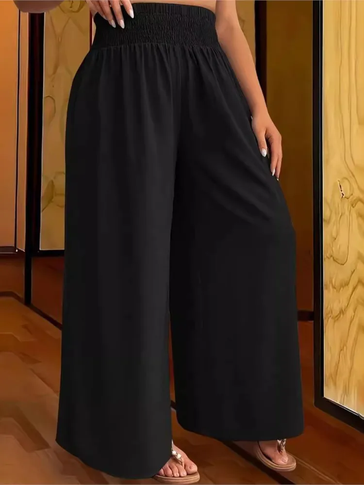 Plus Size Summer Elastic High Waist Long Pant Women Casual Fashion Loose Ladies Trousers Ruffle Pleated Woman Wide Leg Pants