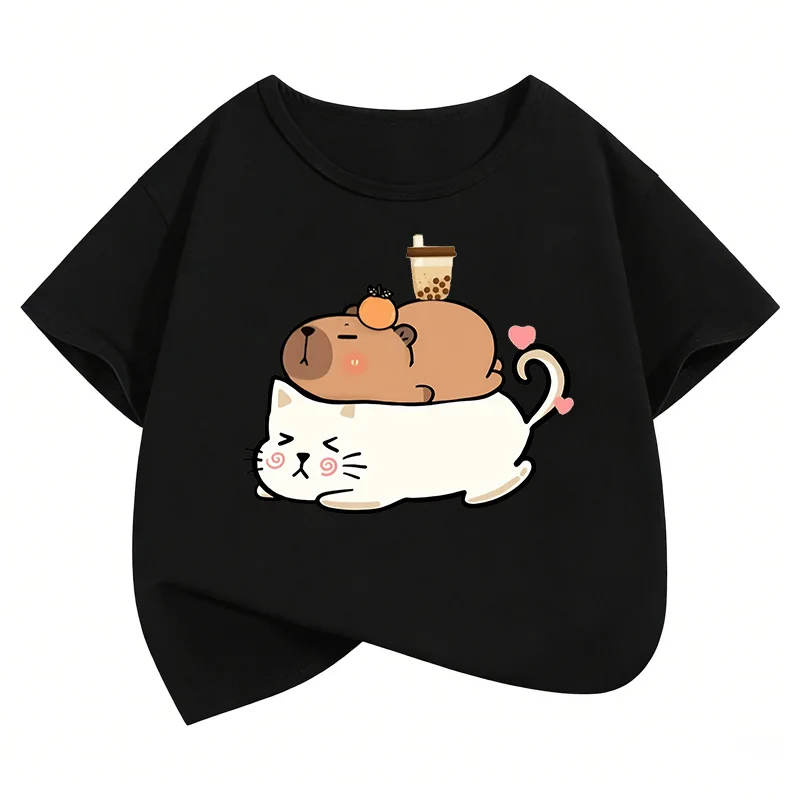 Cute Cat Capybara Kids Tshirts Summer Short Sleeve Tees Cartoon Boys Girls Clothes Kawaii Kitten Tops Y2K Children T-shirt