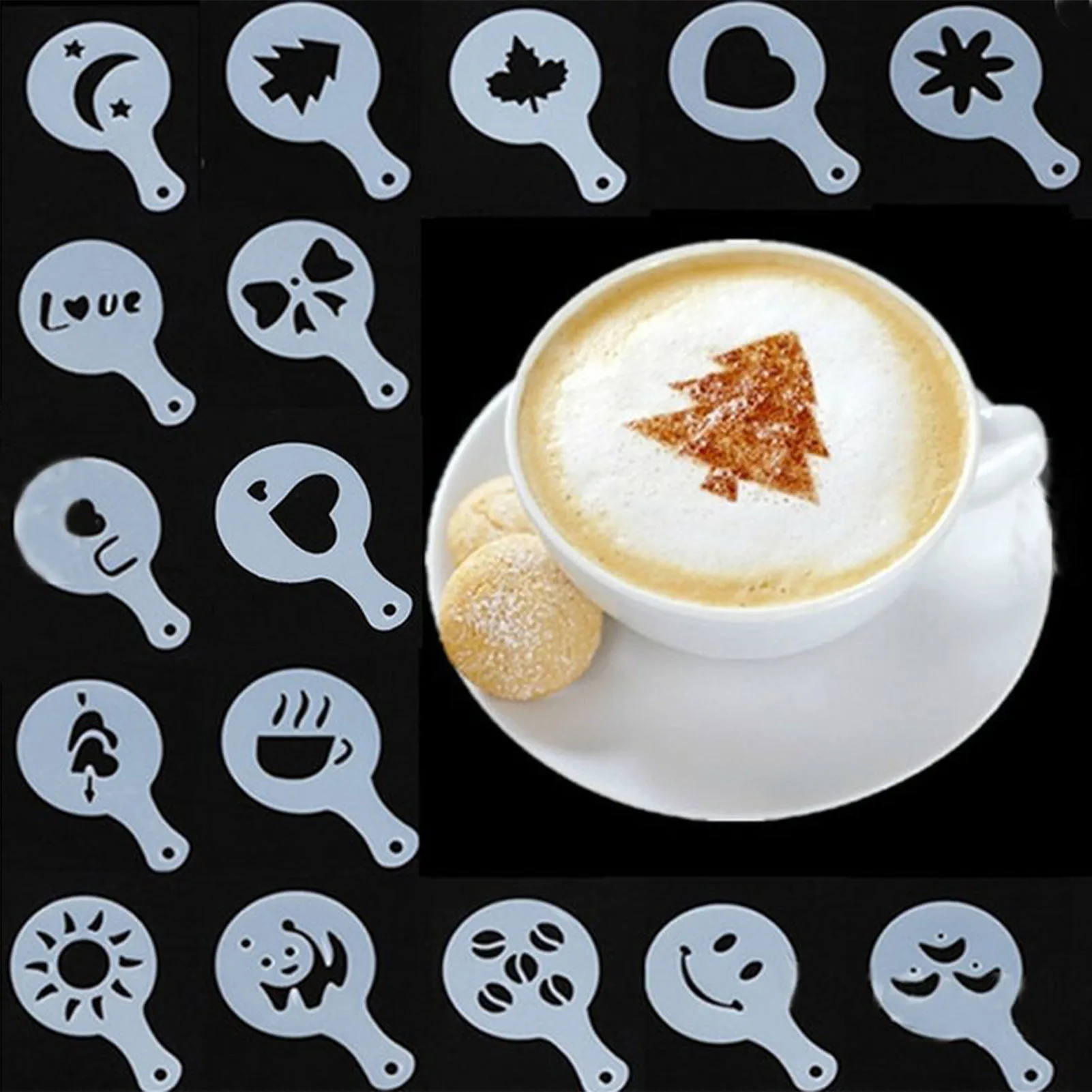 16pcs Coffee Stencils Plastic Latte Art Templates for Decoration Professional Baking Tools Reusable