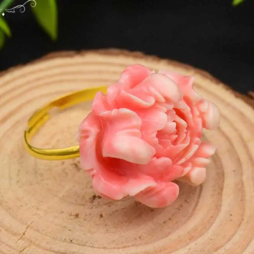 Pink Coral Flower 18K Ring For Women Original Adjustable Ring Hook Mother's Day Women Diy Gift Party Classic Aquaculture Wedding