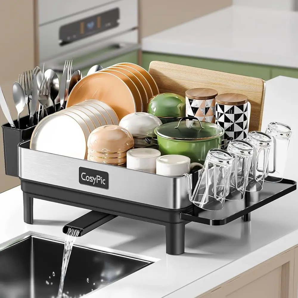 Dish Racks, Premium 304 Stainless Steel Dish Drying Rack, Automatic Drainage Spout, Dish Drainer & Drainboard Set with Utensil H