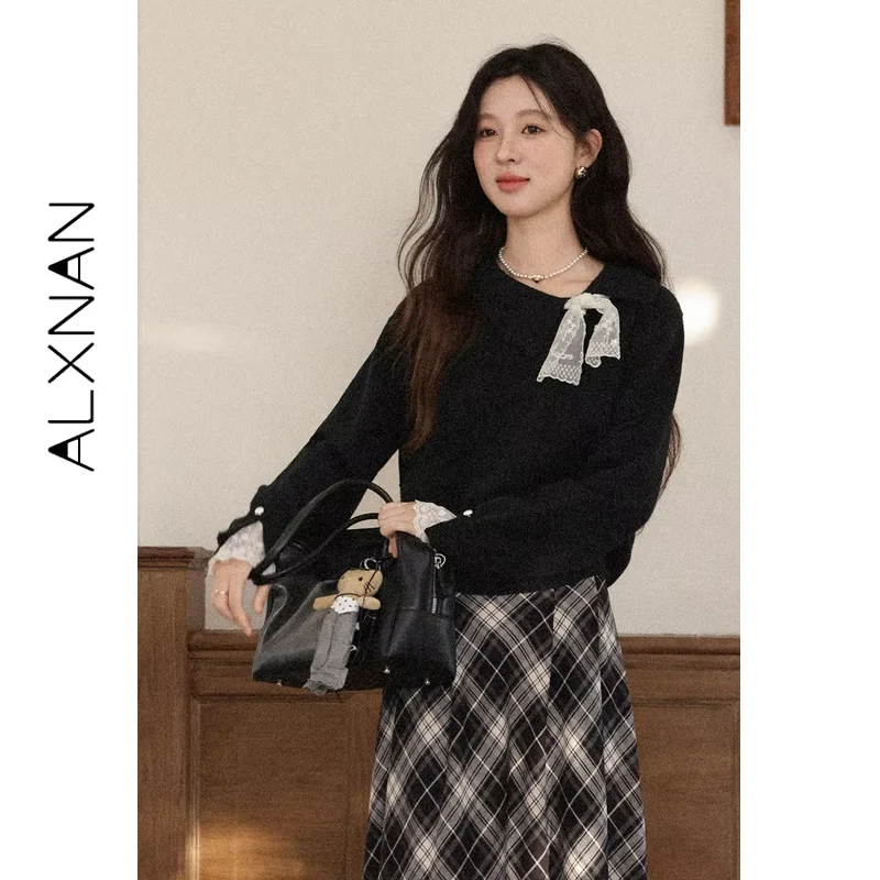 

ALXNAN Black Sweater Autumn New Casual Lace Stitching Elegant Sweet Sweaters 2025 Fall Casual Loose-fit Long Sleeve Tops L57319