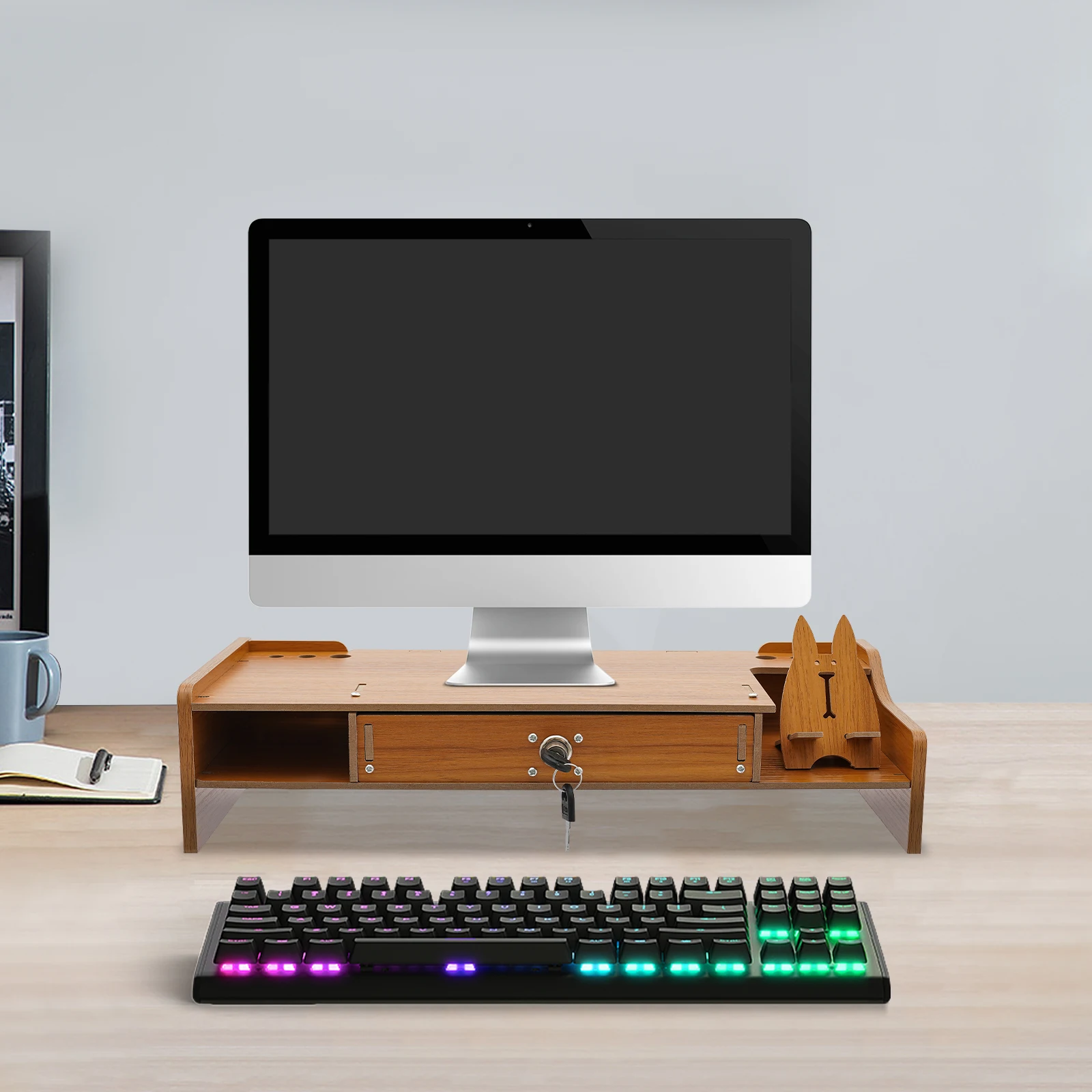 Desk-Holder Wooden Desktop Holder Computer Monitor Stand Multi-function Laptop Desk Holder With Cabinet Computer Riser