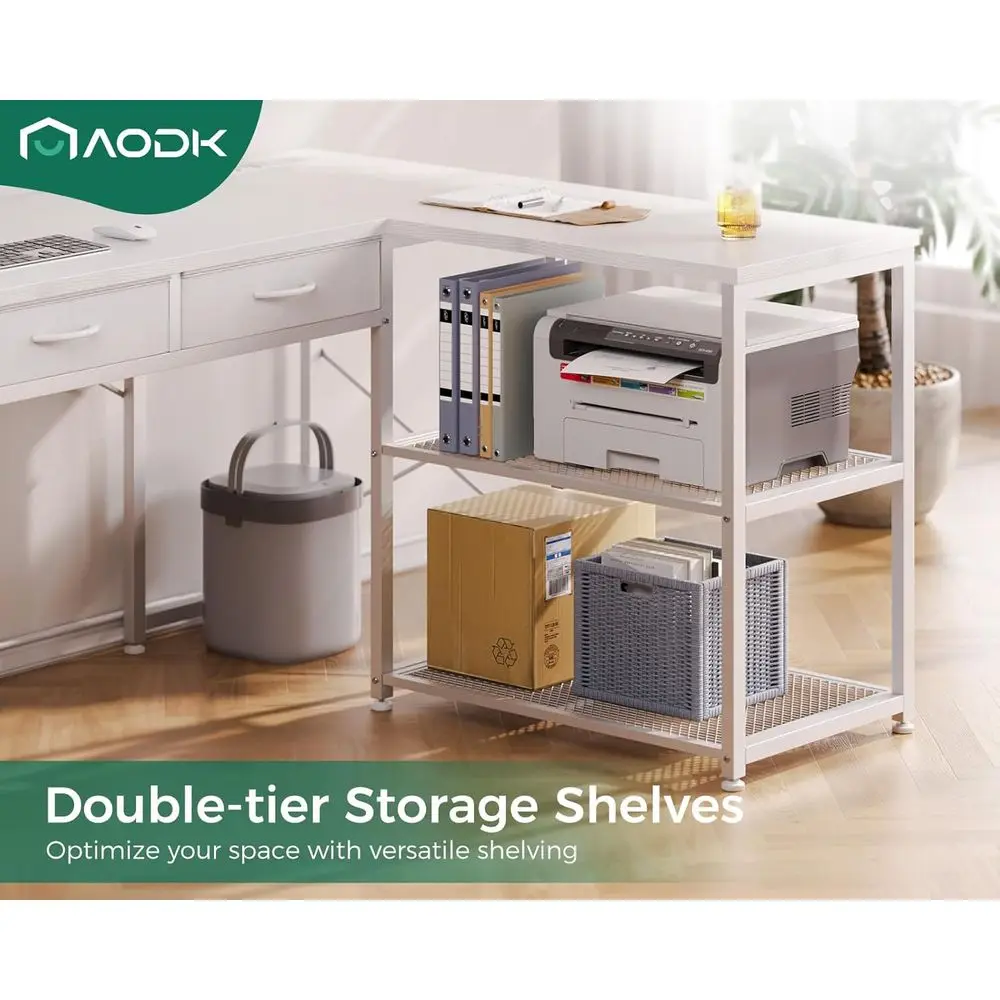 53-дюймовый белый L-образный компьютерный стол с выдвижными ящиками, угловой стол с розетками и двусторонними полками для хранения, регулируемый