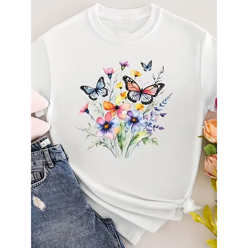 Watercolor Wildflower Bouquet T-Shirt Women’s Casual Crew Neck Short Sleeve Botanical Cottagecore Aesthetic Top for Daily Wear