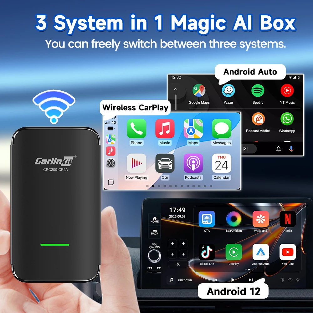 CarlinKit 4.0 PRO/5.0/4.0 New 3 IN 1 Wireless CarPlay AI Box Android 12 Android Auto Wireless Adapter Support Mirror Mode Plug and Play for Youtube Netflix Volkswagen Toyota