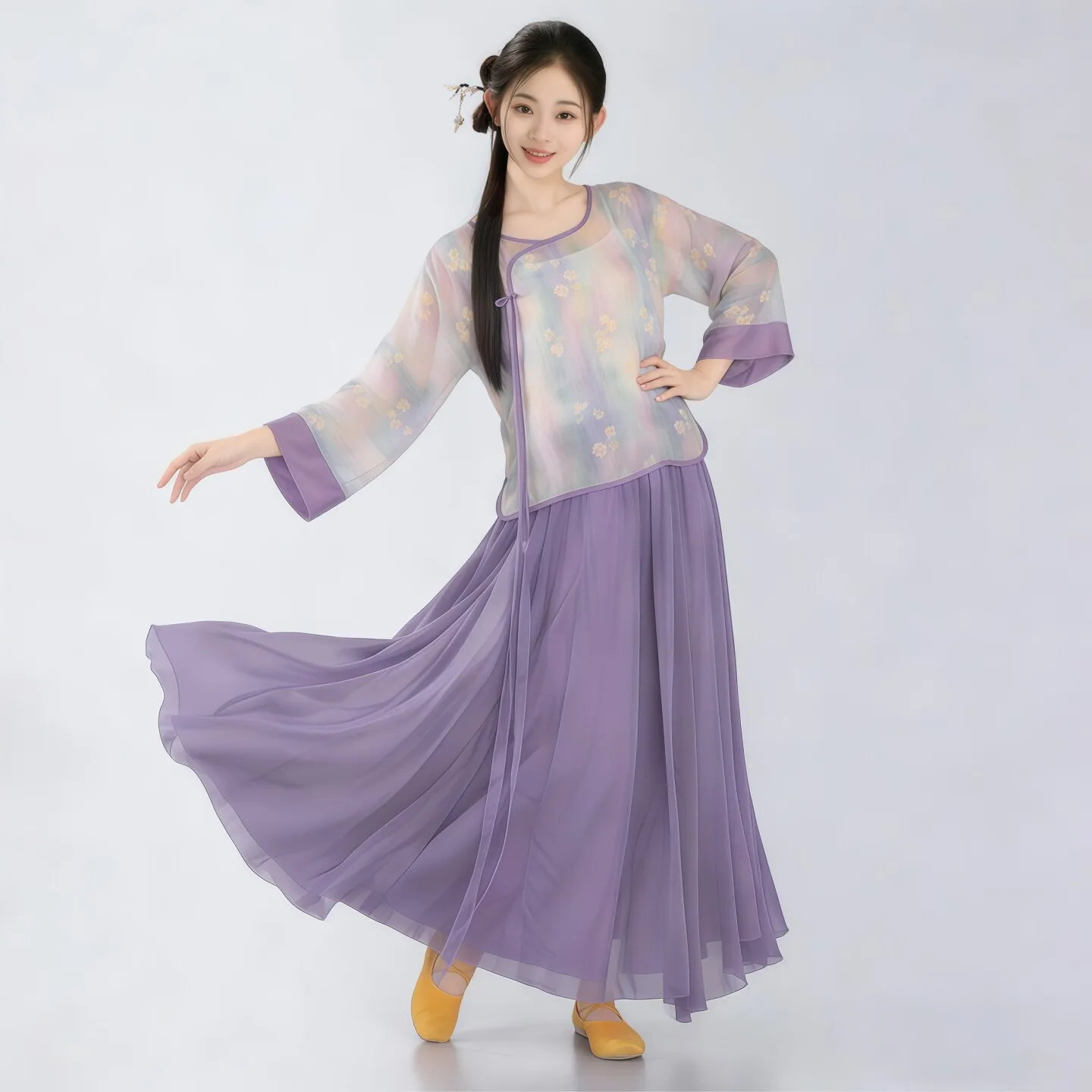 Women's Classical Chinese & Modern Dance Wear Printed Chiffon Overlay Training Outfit for Daily Wear, Stage Performance & Exam P