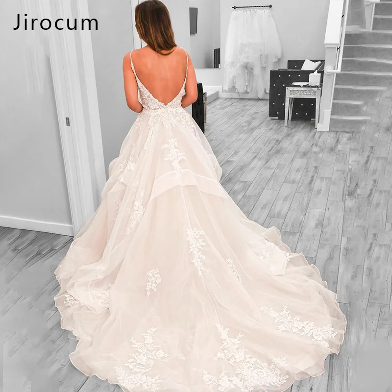 Jirocum elegante linha a renda longo trilha vestido de noiva feminino com decote em v alça de ombro fina aberto volta personalizado vestido de casamento de tule