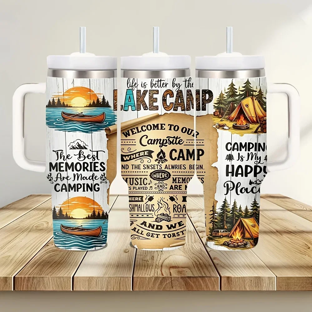 40Oz Lake Camping Themed Printed Tumbler with Handle And Straw, Suitable for Camping Enthusiasts, Fits Both Hot And Cold Drinks, Perfect for Summer And Winter Outdoor Camping And Daily Activities