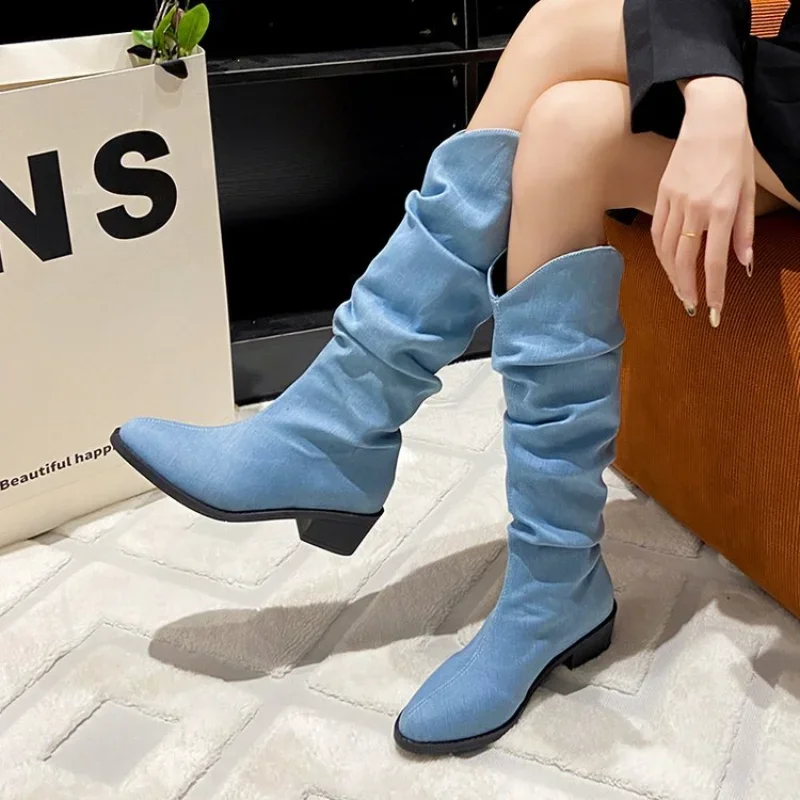 Denim Knee High Cowboy Boots for Women  Autumn Pleated Chunky Heels Long Boots Woman Pointed Toe Low Heel Botas Mujer 2024